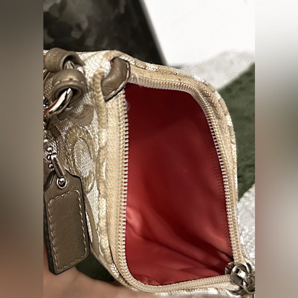 Coach Beige Signature Logo Wristlet with Metallic Accents - Picture 14 of 15